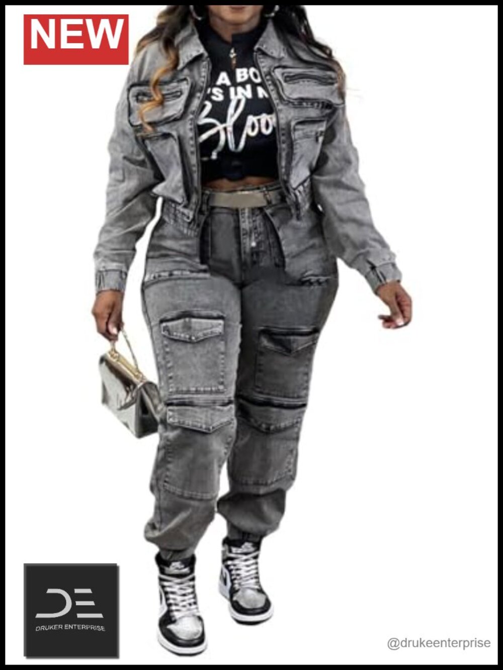Women's 2 Piece Denim Cargo Set Y2K Streetwear Long Sleeve Zip Up